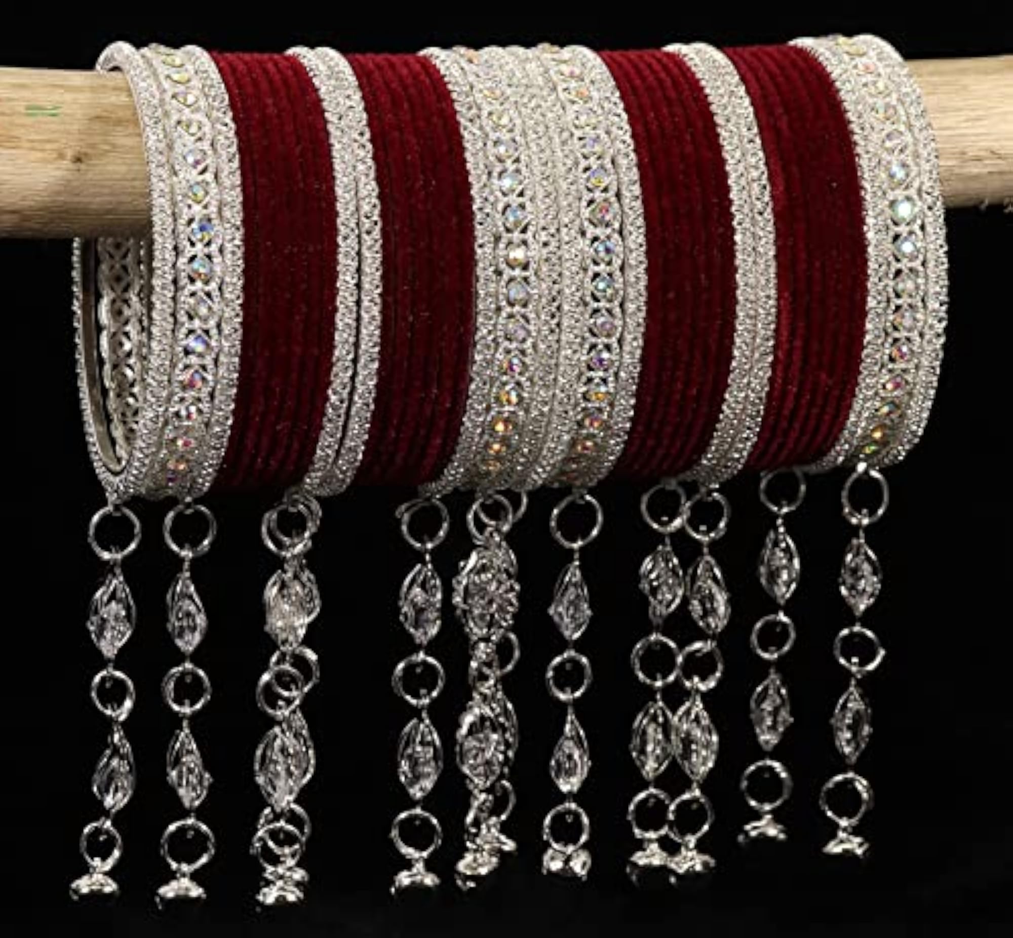 Zircon Gemstone Velvet Bangles Set with Bells, Pack of 40